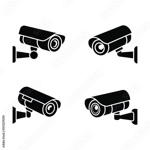 Four Black Security Cameras Wall Mounted Icon Set CCTV