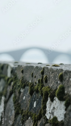 Moss-covered stone wall with blurred arches in the background