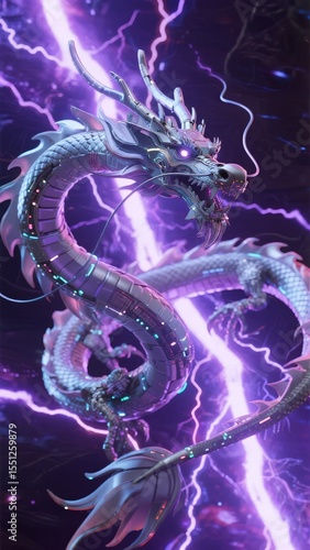 A majestic, metallic dragon coiled amidst vibrant purple lightning in a mystical setting