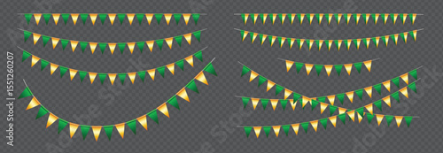 Realistic Triangle Bunting flags set, Green and Gold vector pennants hanging on the rope, colorful flag garland for party and holiday decorations