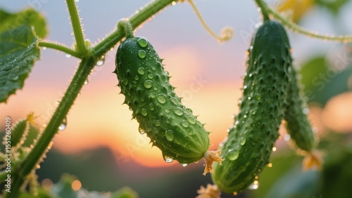 Fresh cucumbers hanging on a vine with dew drops, set against a warm sunset background.