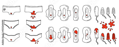 Big set female menstruation period doodle elements. Gynecological hygiene products collection. Hand drawn vector illustration.