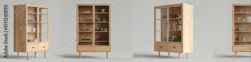 Light wood display cabinet with glass doors, two drawers, and tapered legs shown from multiple angles showcasing interior shelving and decorative objects