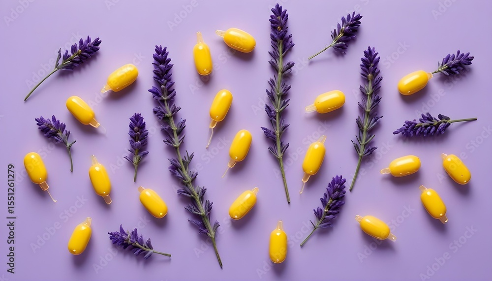 Fototapeta premium Beautiful lavender flowers and yellow capsules are arranged on a purple backdrop.