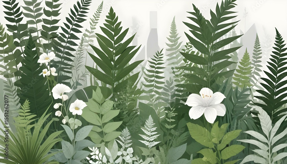 Fototapeta premium The artwork showcases a vibrant green jungle with delicate white flowers, evoking a sense of peace.