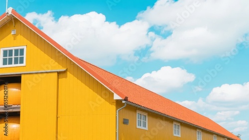 Bright Yellow Building with Red Roof Under a Blue Sky