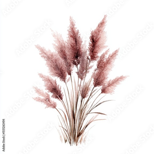 Dusty rose pampas grass bouquet, elegantly arranged against a white backdrop; delicate, feathery plumes