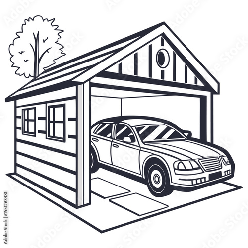 Line art illustration of a car parked in a detached garage