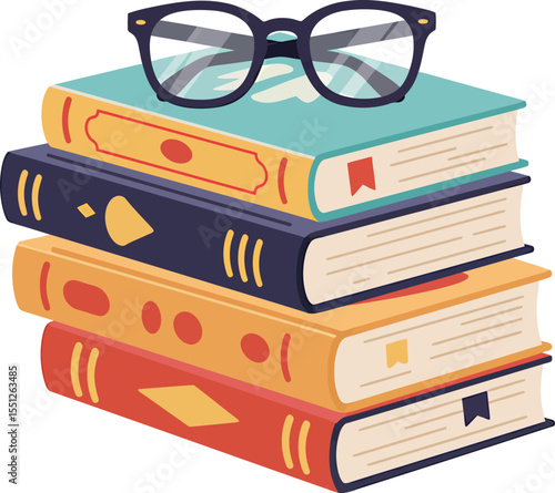 A Stack of Colorful Books with Reading Glasses Illustrating Literary Pursuits Knowledge and Intellectual Enrichment in a Whimsical Vector Art Style