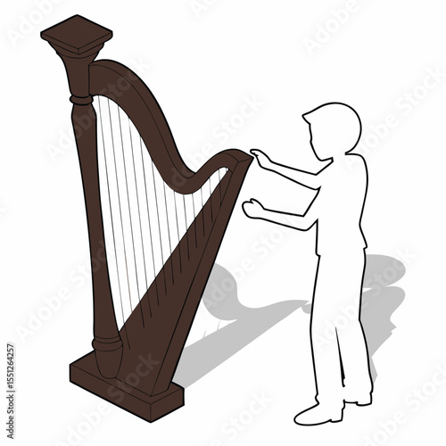 Isometric illustration of a person approaching a harp