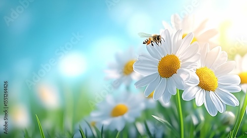 Beautiful chamomile daisy flowers blossom in a sun-drenched meadow