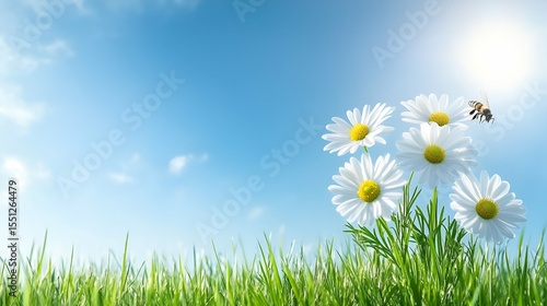 Beautiful chamomile daisy flowers blossom in a sun-drenched meadow