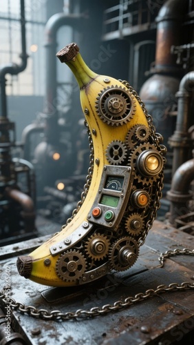Steampunk Banana with Gears and Mechanical Components in an Industrial Setting