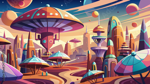  painted cityscape of alien parasol megastructures on a distant planet