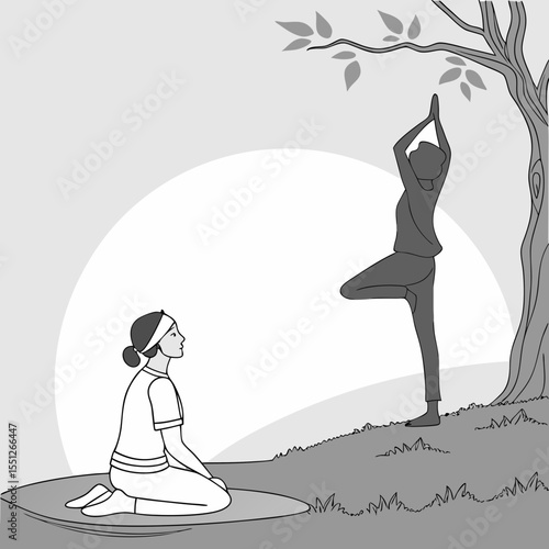 lotus pose, meditating figure, silhouette of person practicing yoga, monochrome minimalist illustration