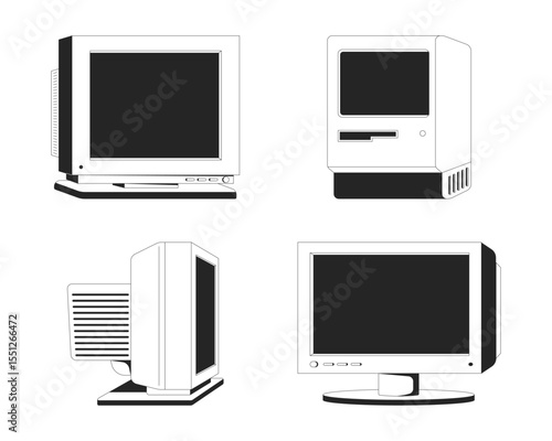 Vintage computers and CRT monitors 2D line objects set. Old technology. Outdated devices. 80s 90s tech nostalgia isolated cliparts vector ink outline items. Monochrome spot illustrations collection