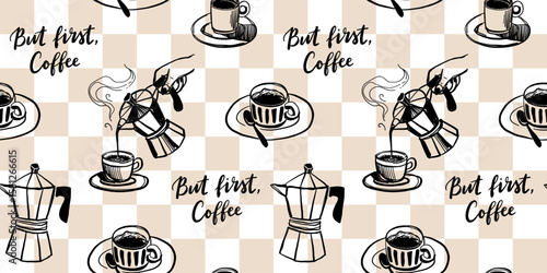 Hand drawn Mediterranean cuisine seamless pattern. Italy la dolce vita coast food coastal print, wrap paper, retro fabric, textile design. Doodle sketch crayon drawing style vector illustration.