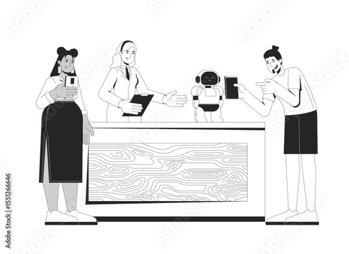 Diverse gen z attendees taking photos of robot at science expo booth 2D line characters. STEM woman presenting robotics on event isolated vector ink outline people. Monochromatic spot illustration