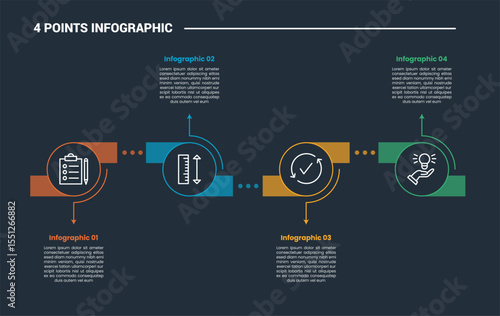 4 stage infographic process diagram with circle up and down with horizontal direction up and down with dark background bright outline style