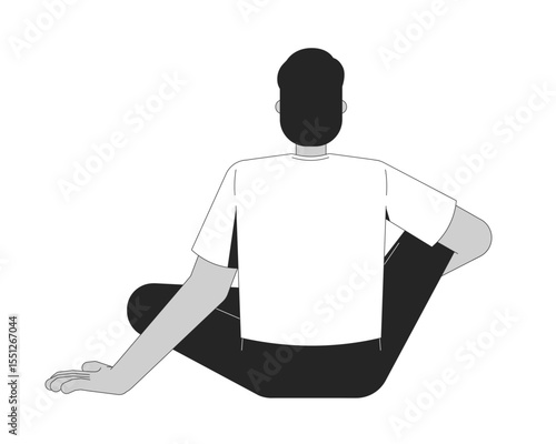 South asian faceless man sitting cross-legged from behind 2D line character. Meditation contemplation. Casual male resting back view isolated vector ink outline person. Monochromatic spot illustration