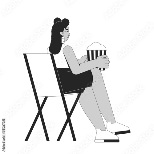 Curvy hispanic woman sitting in folding chair eating popcorn 2D line character. Plus size latina girl with popcorn bucket isolated vector ink outline person. Monochromatic spot illustration