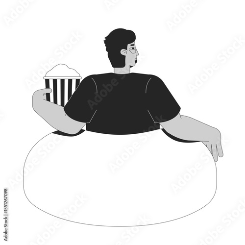 Glasses arab man relaxing on bean bag with popcorn bucket 2D line character. Eyeglasses adult male sitting in beanbag facing away isolated vector ink outline person. Monochromatic spot illustration
