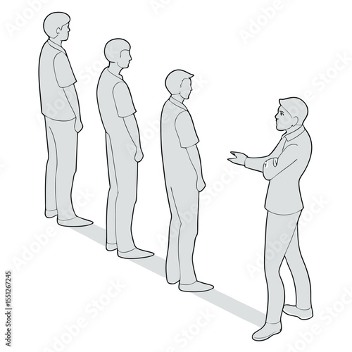 Man addressing a line of men a business or interview setting illustration