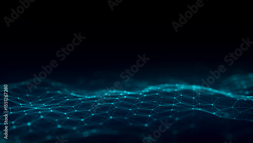 Digital hexagon dynamic wave of particles. Abstract blue futuristic background. Big data visualization. 3D rendering.