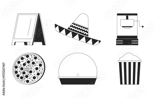 Festival snacks and carnival event decor 2D line objects set. Pizza, popcorn, sombrero, sidewalk sign, machines isolated cliparts vector ink outline items. Monochrome spot illustrations collection