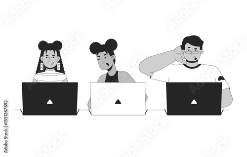 Writing code practice outline illustration. Coding bootcamp. IT school course. Hackathon. Diverse students working on laptops 2D line characters isolated on white. Monochrome vector ink linear image
