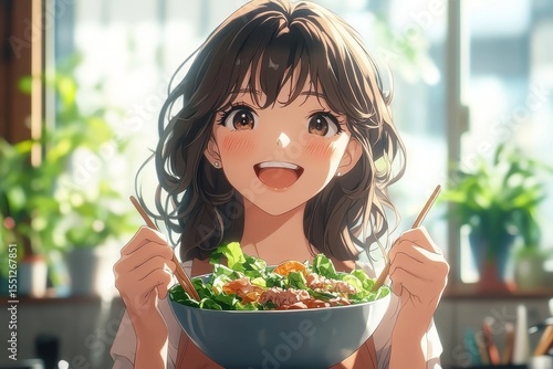 Cheerful vegetarian woman eating a bowl of homemade salad for breakfast, enjoying a healthy start to the day., Generative AI