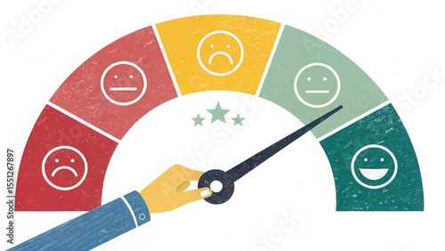 Flat Design Illustration Hand Moving Gauge Showing High Customer Satisfaction Rating meter feedback