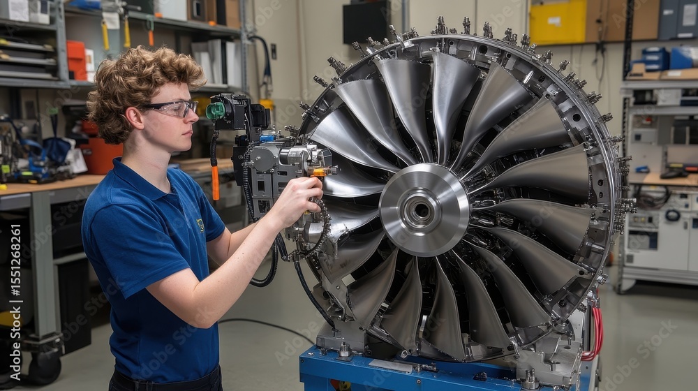 Obraz premium Young Technician Inspecting Jet Engine Component in Workshop