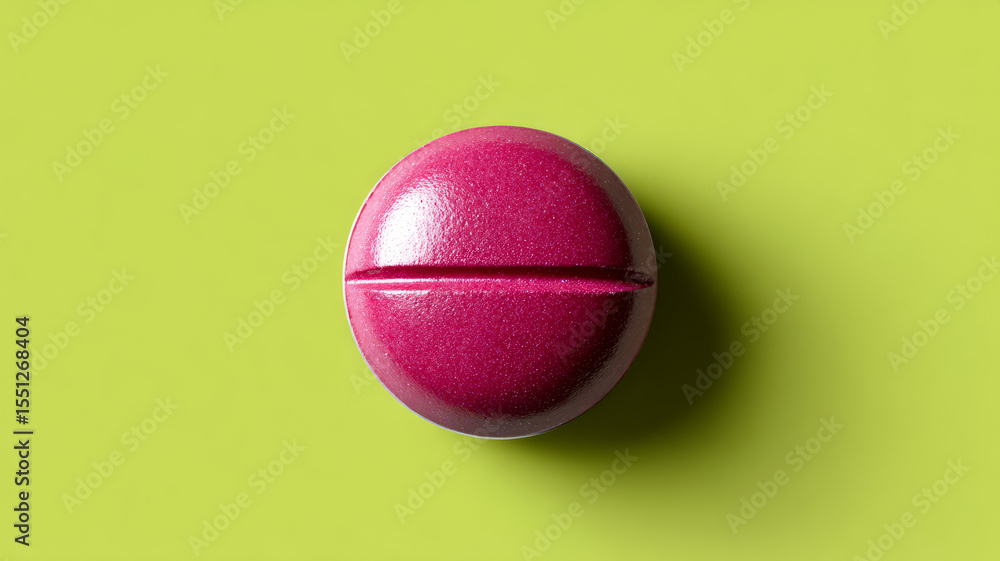 Pink pill on green background, close-up view. Pink pill on green background, close-up view.