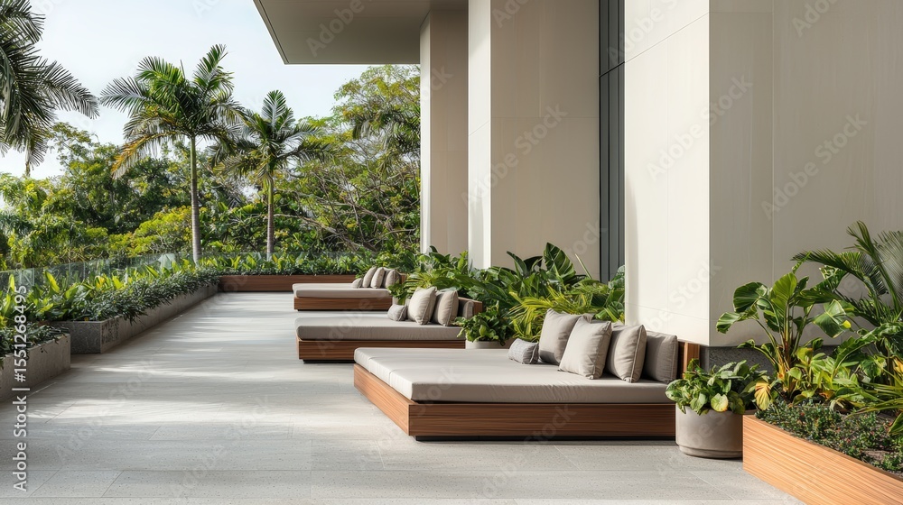 Fototapeta premium Stylish outdoor lounge area with comfortable seating and greenery: A chic wellness-inspired outdoor lounge with plush seating, soft throw pillows, potted plants, and warm ambient lighting creating a