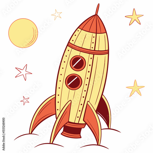 Stylized rocket ship soaring through cosmic clouds, against a celestial canvas