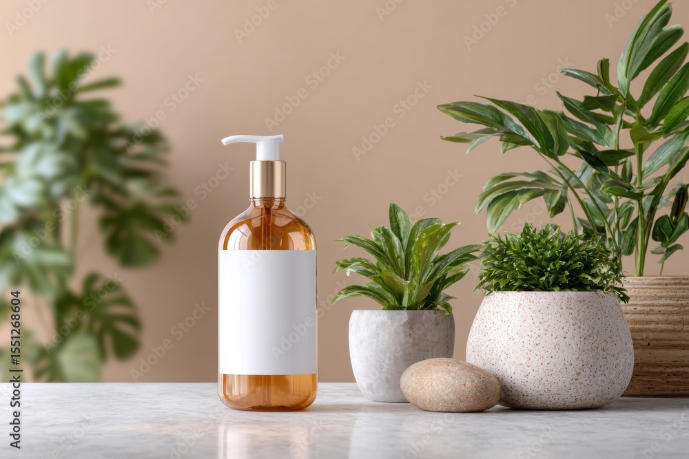 Amber pump bottle mockup with blank label and plants decoration Amber pump bottle mockup with blank label and plants decoration