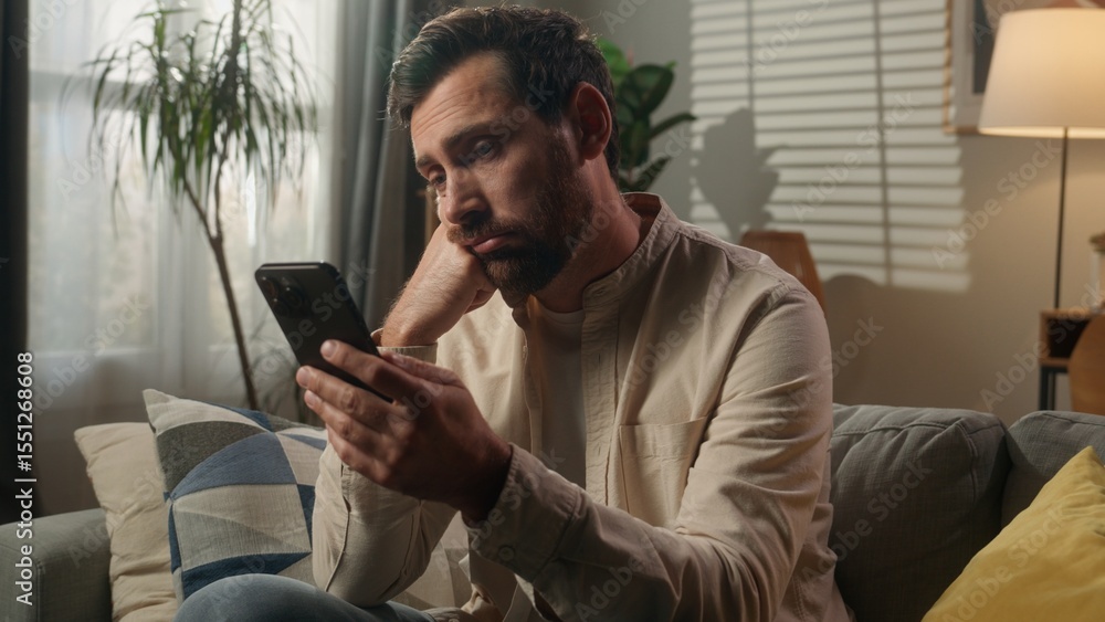 Fototapeta premium Sad upset frustrated man Caucasian businessman guy bored using mobile phone on couch sofa worried disappointed male homeowner reading news cellphone browsing message scam scrolling smartphone at home