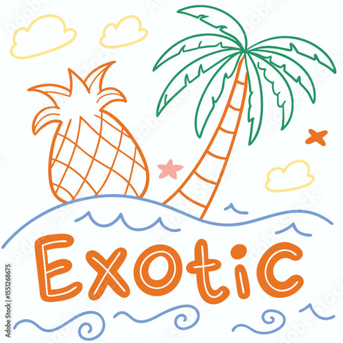 Whimsical tropical escape with hand-drawn pineapple, palm tree and the word exotic