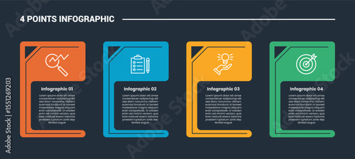 4 stage infographic process diagram with round block columns with open text area with dark background bright outline style