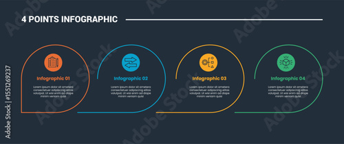 4 stage infographic process diagram with curves open circle on horizontal direction with dark background bright outline style
