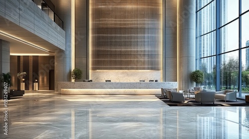 Luxurious hotel lobby with marble floors, modern reception desk, and comfortable seating area near large windows showcasing a city view