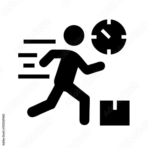 A man running fast with a package and clock icon isolated on white background