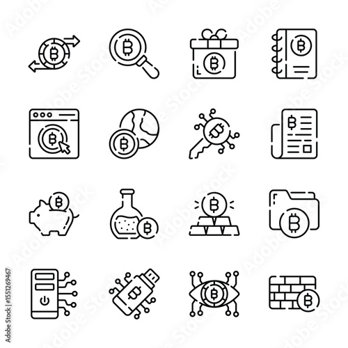 Grab this premium collection depicting bitcoin and trading outline icons