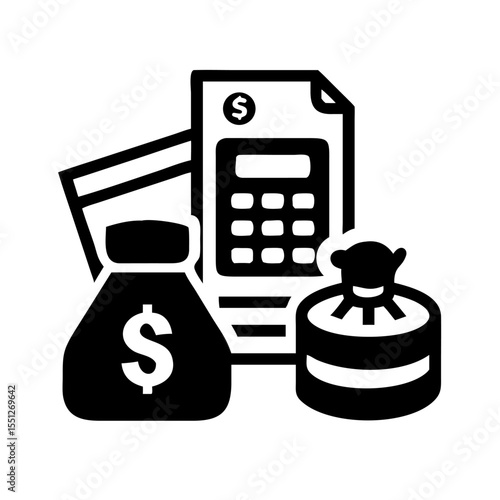 Money bag, calculator, credit card, and coins isolated on white background, representing financial transactions