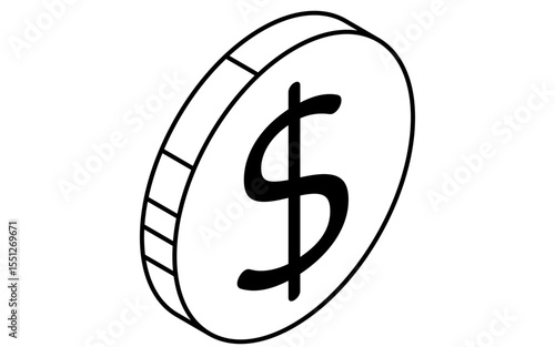 Coin with dollar symbol simple line drawing icon, isometric illustration of currency and finance, black and white