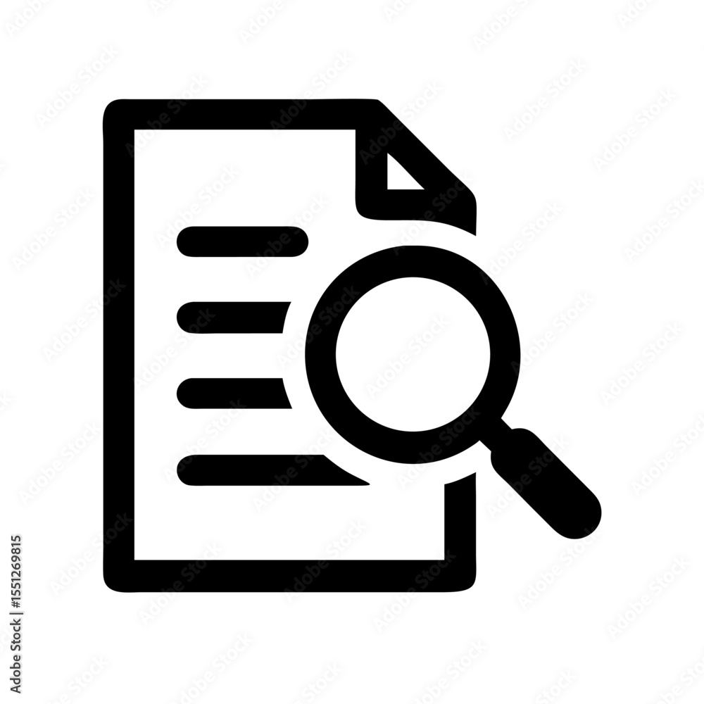 A simple black and white document with a magnifying glass icon is isolated on white background A simple black and white document with a magnifying glass icon is isolated on white background