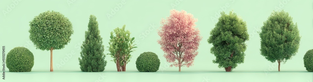 Fototapeta premium Eight stylized trees and shrubs in a row against a pale green backdrop