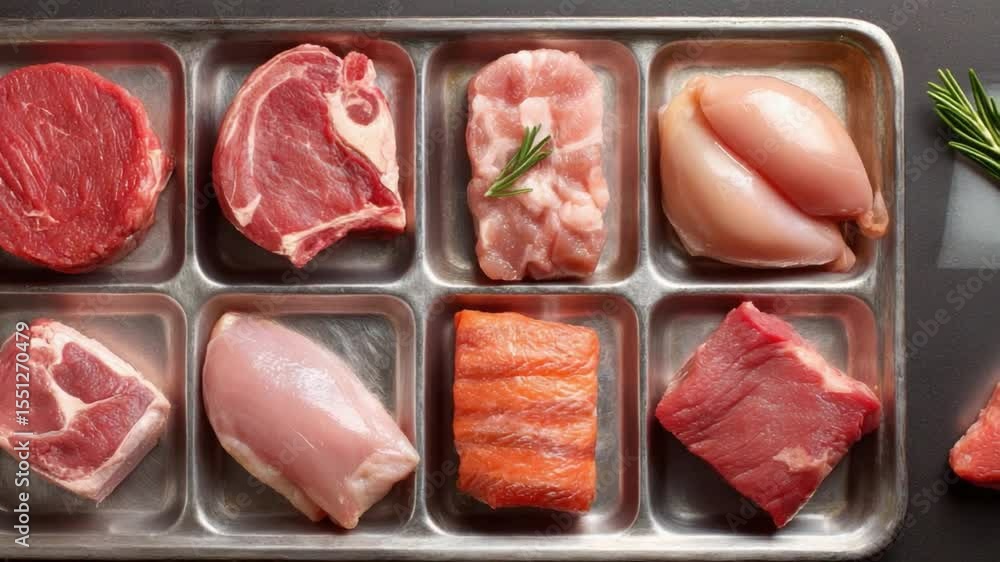Gourmet Meat Assortment: A visually stunning selection of fresh, raw cuts of premium meat, elegantly arranged to showcase variety and culinary possibilities. Gourmet Meat Assortment: A visually stunning selection of fresh, raw cuts of premium meat, elegantly arranged to showcase variety and culinary possibilities.