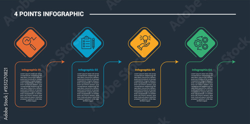 4 stage infographic process diagram with diamond with arrow pointer direction with dark background bright outline style